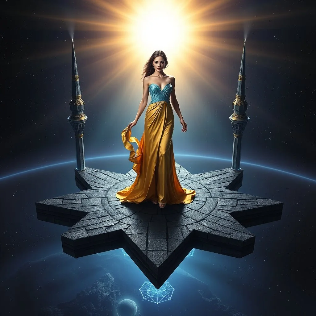 A breathtaking cosmic fantasy scene featuring a stunningly realistic beautiful woman with a perfect face and sculpted figure standing gracefully at the center of a floating geometric platform in deep space. She wears an elegant flowing gown in vibrant gold and blue hues that billow around her perfect form. The platform is constructed from dark cobblestone-like blocks arranged in a star shape. Surrounding her are magnificent CIFI towers like structures,satelights