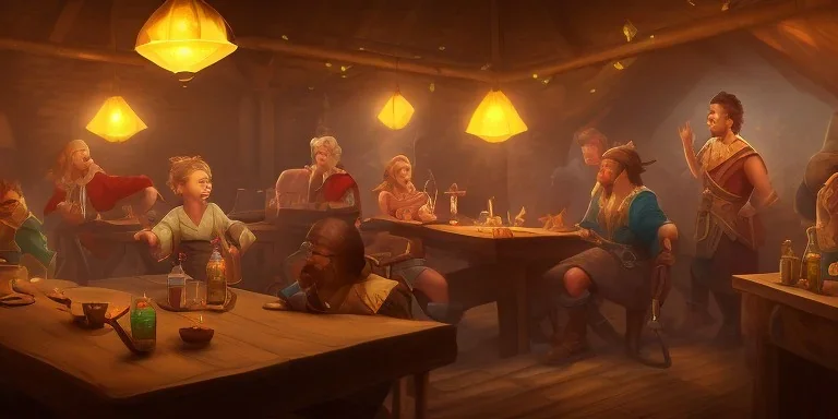 kids role playing in a tavern at night