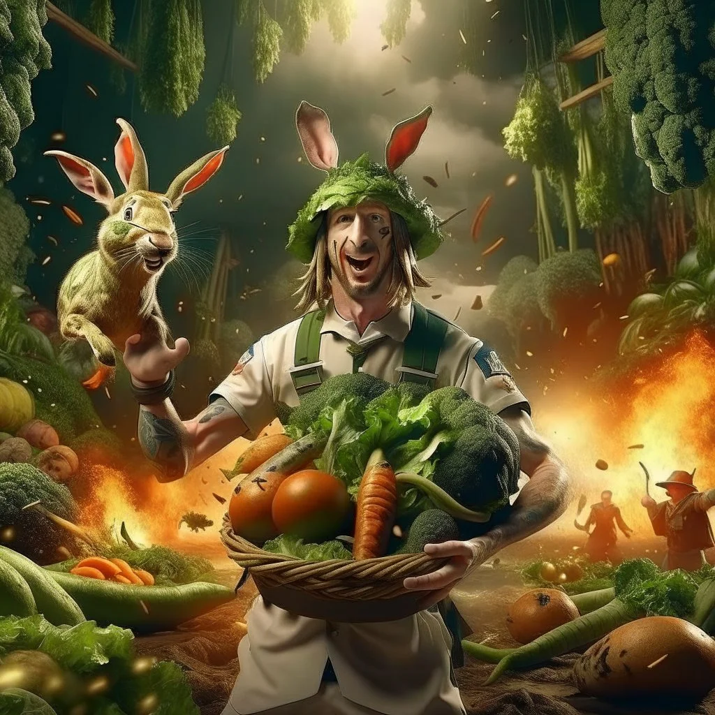 victory portrait of crazy cook army officer playing basketball with vegetables inside grove with fluffy hare with mutations getting blasted by exploding hare, 4 k, down-light, soft light, depth of field, photo realism, trending on art station, high detail, spray paint