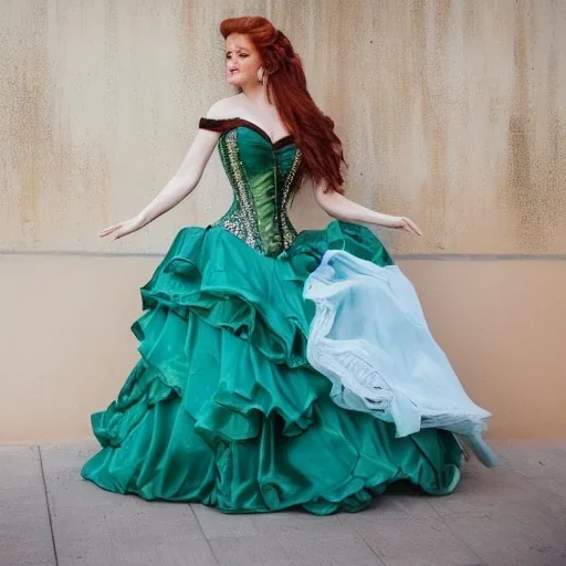 Art of a princess with long auburn hair in a big teal green and gold satin ballgown corset off shoulder top and long white gloves dancing