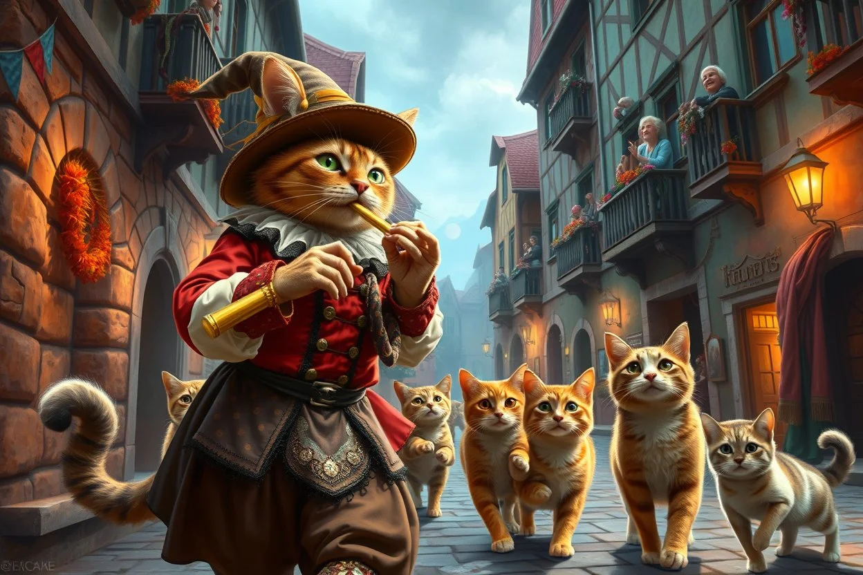 create "The Cat Pied Piper of Hamelin, whimsical and colorful Renaissance attire, playing a golden flute, leading playful and mischievous cats through vibrant, cobbled Renaissance streets, people on balconies laughing and pointing, surreal lighting, dreamlike vibe, highly detailed, vivid colors, painterly style, 8K, magical realism meets historical fiction --v 7 --ar 4:3 --style raw --q 2"
