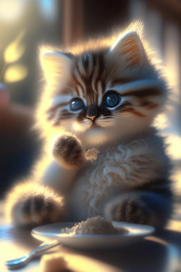 A very cute fuzzy furry chibi cat eating Nikon D850 highly detailed digital painting elegant Award winning photography intricate 4k very attractive beautiful fantastic view 4K 3D crisp quality Unreal Engine hdr cinematic postprocessing acrylic art in sunshine