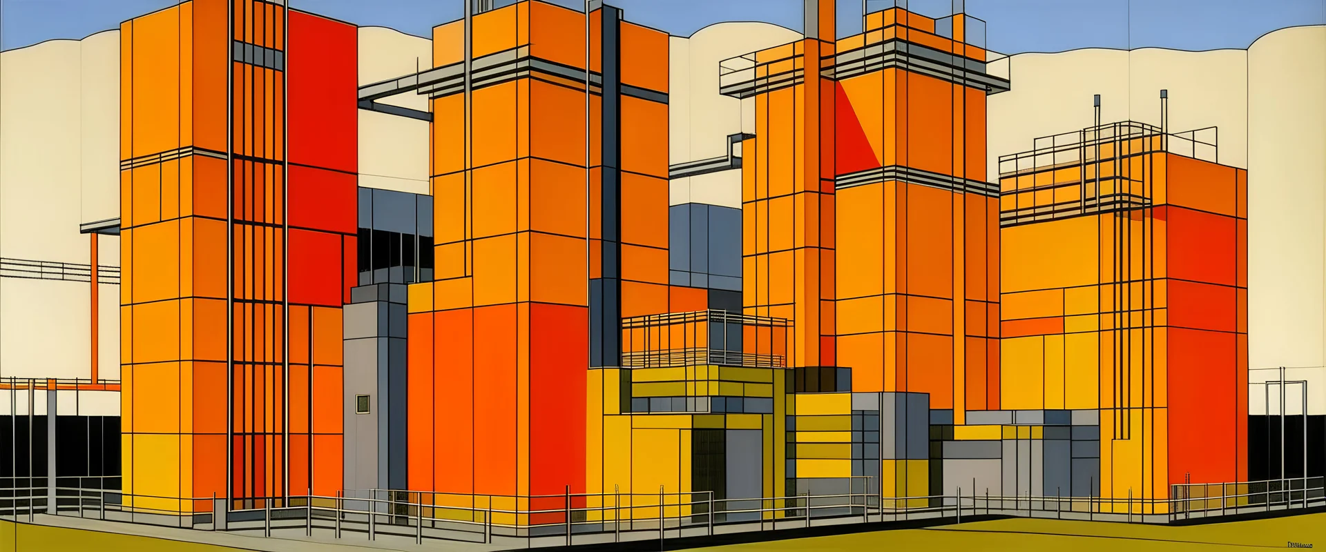 An orange electrical power plant painted by Piet Mondrian