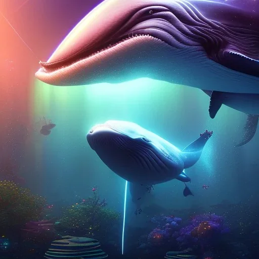 whale, on color lights, night, unreal 5, octane render, cinema4d, redshift render, hyper realistic, cenematic, vibrancy, synthwave, retouch, centered, dynamic lighting, dramatic lighting, 4k, highly detailed, attractive beautiful, realistic, virtual reality, epic composition, holographic,