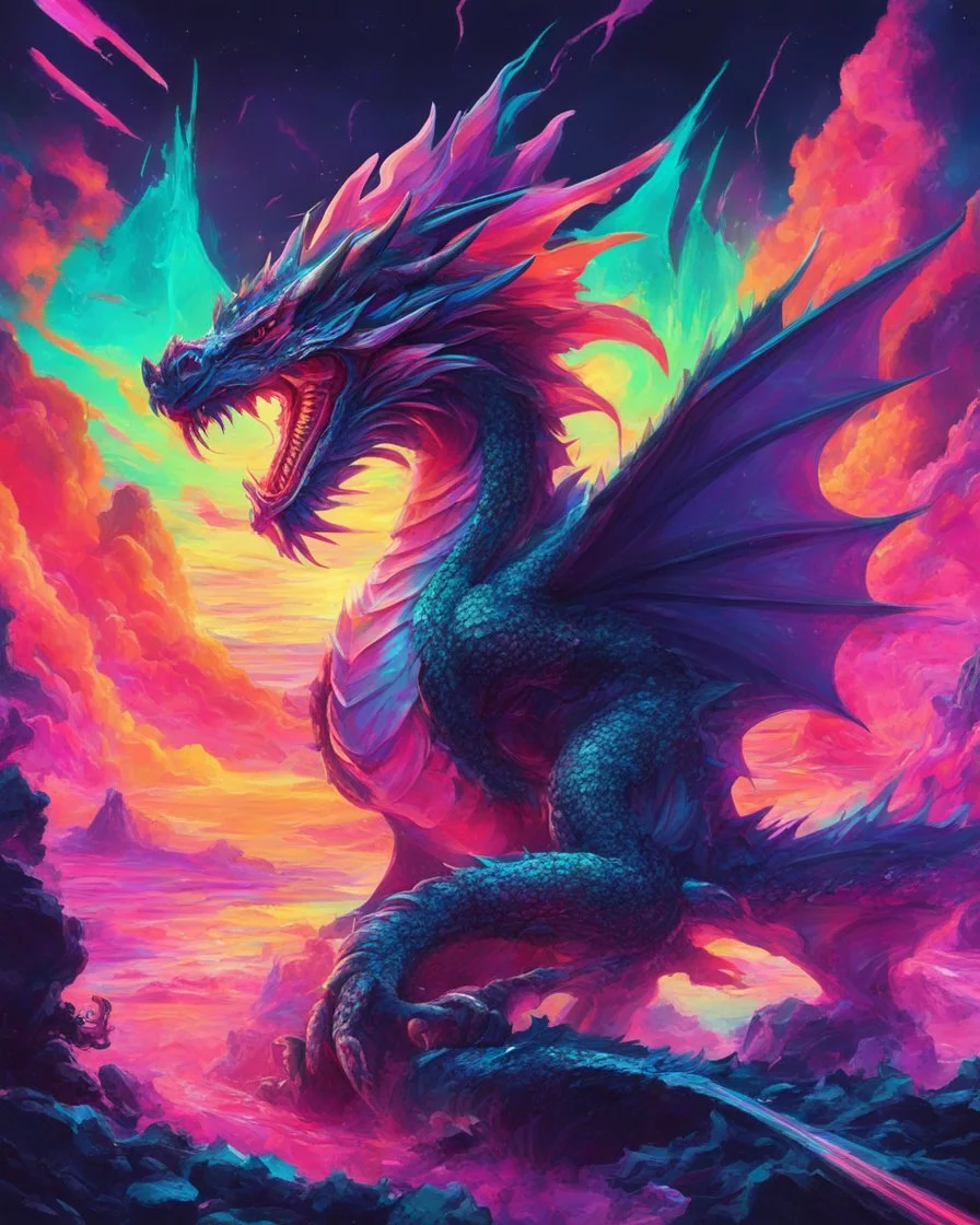 Dragon in a vibrant synthwave dreamscape, neon chaos swirling energetically around pixelated forms, a dynamic fusion of retro gaming nostalgia and futuristic abstraction