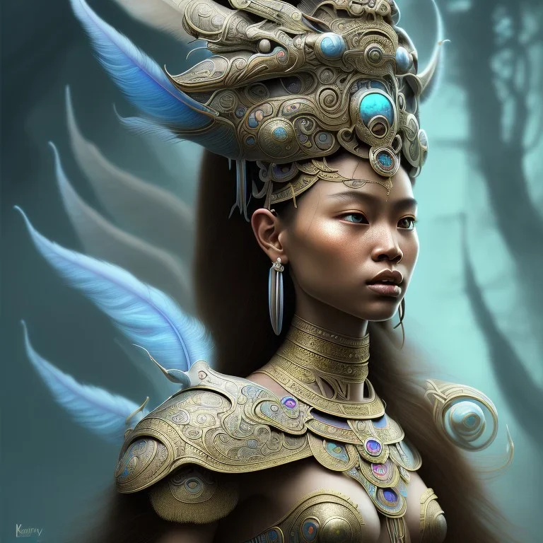 Sango fantasy, fantasy magic, intricate, sharp focus, illustration, highly detailed, digital painting, concept art, matte, art germ and Paul Lewin and Kehinde Wiley, masterpiece Mayan princess dancer head bronze feather's' Asian Latin girl nice breast brown Thai hair turquoise silver blue sky