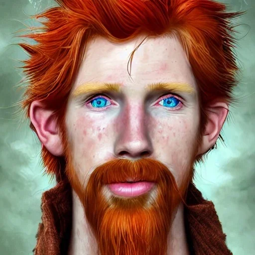 Portrait of young Courtney Gains as a ruggedly handsome, joyful, roguish pirate, charismatic, attractive male, masculine, perfect, precisely detailed clear eyes, unblemished, flawless skin, softly freckled face; meticulously detailed multi-hued ginger carrot-colored cherry fire red hair; fantasy, intricate, elegant, highly detailed, digital painting, concept art, matte, sharp focus, illustration, art by artgerm and greg rutkowski and alphonse mucha