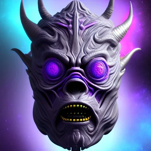 oni purple mask in galaxy, teal and purple smoke, detailed, realistic, 4k