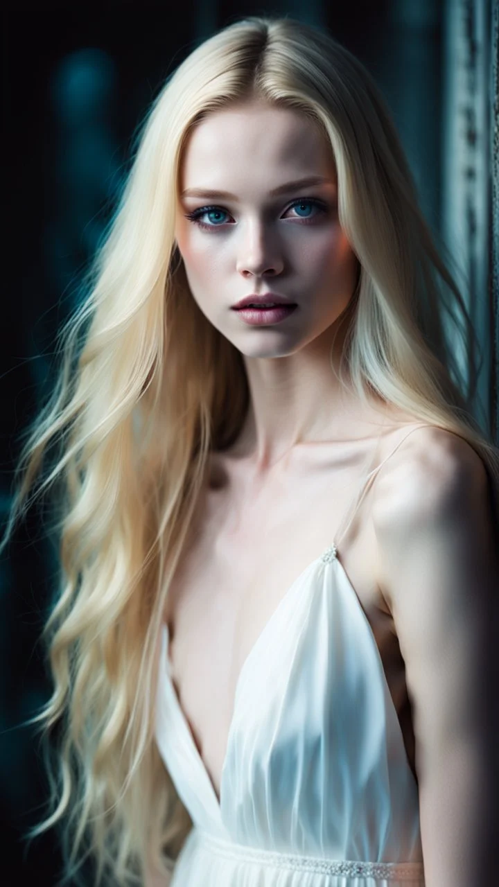 portrait of an 18 year old pretty female with pale skin. Her long blonde hair hangs loose on her shoulders. Shes wearing a simple white dress. Her eyes are different colours. Dark fantasy. Hyperrealistic