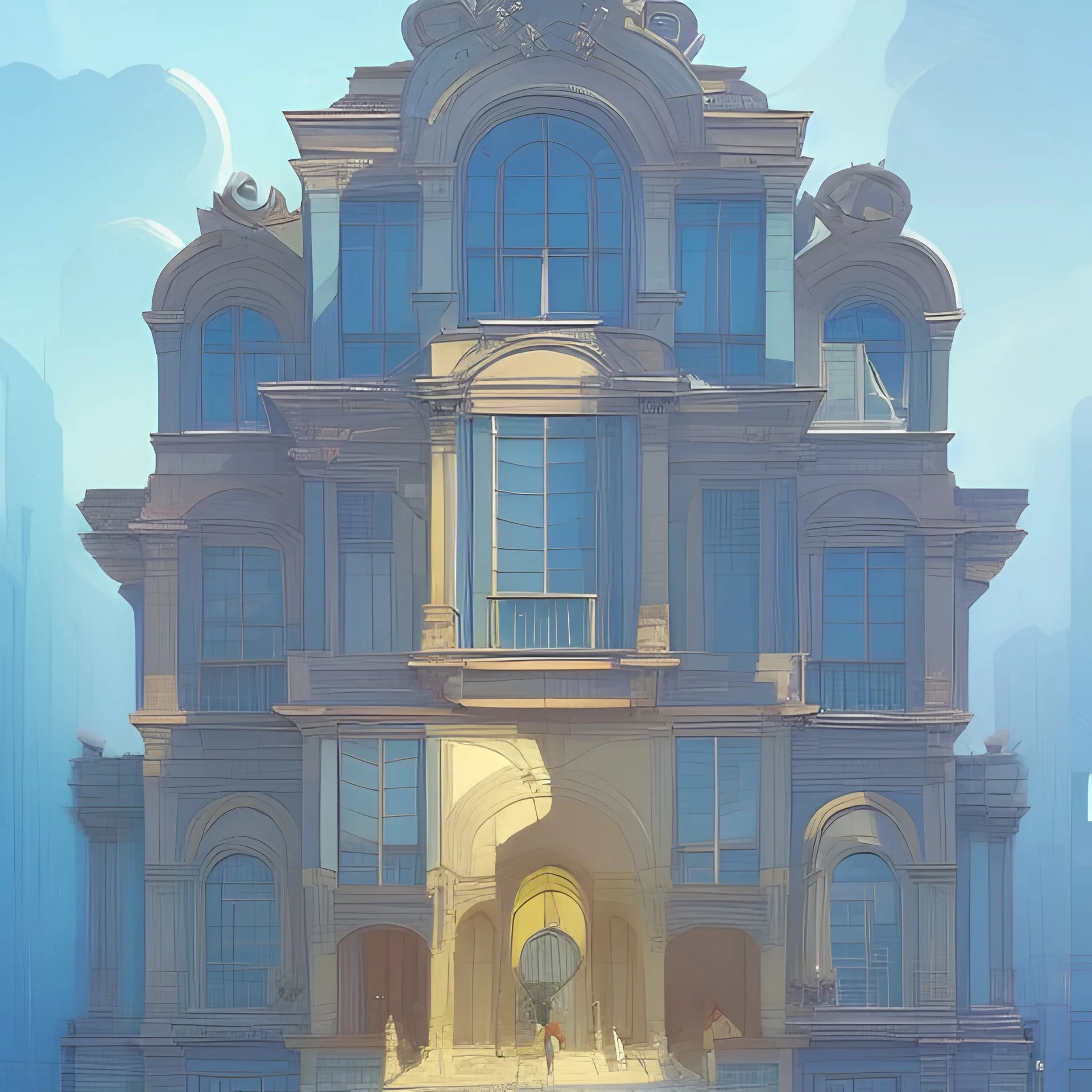 A Vignola classicism Architecture building with futuristic glass building +detailed facades+highly detailed++ Book illustration by Gediminas Pranckevičius, Jean Baptiste Monge, Brian Kesinger, Anton fadeev, strong lines, high contrast vibrant colors, 16k resolution, trending on behance""