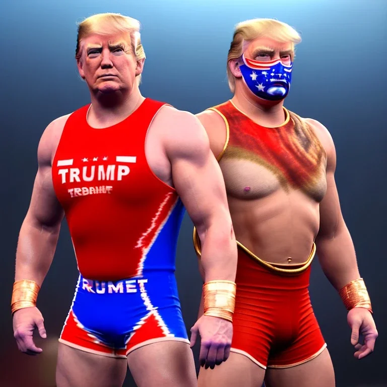 Realistic image of Donald trump wrestler, Mexican wrestling style, eyes mask, red and blue breeches, glow confederate flag dress, suspenders, retro style, 80s, vibrant color, highly detailed, sky background, concept art, unreal engine 5, god rays, ray tracing, RTX, lumen lighting, ultra detail, volumetric lighting, 3d, finely drawn, high definition, high resolution.