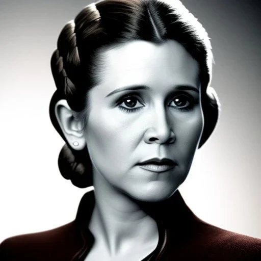 analog style photography, Beautiful photorealistic close up face of carrie fisher, soft ethereal skin, studio lighting, sharp brown eyes, dark plain background