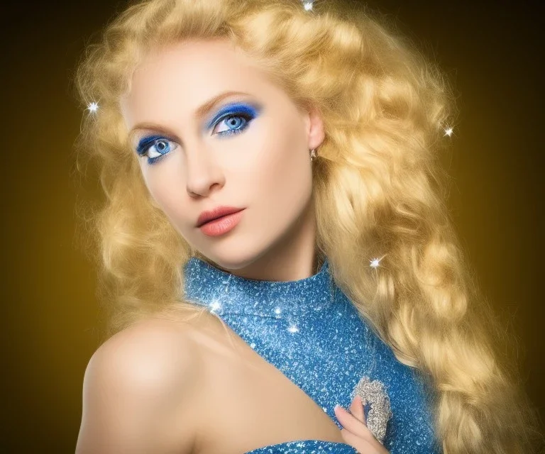 portrait of a beautiful blond woman fairy with long hair blue eyes and sparkling dress with diamonds