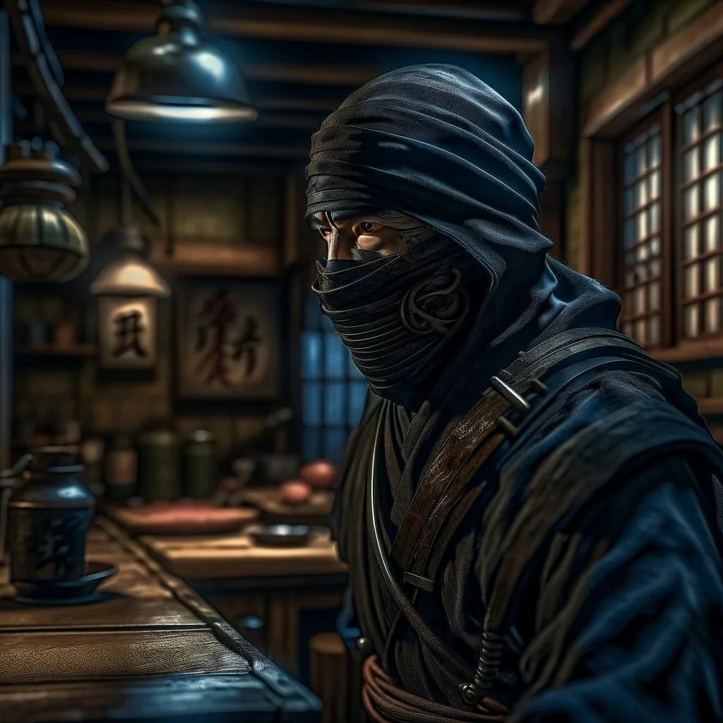 the last ninja in mechanic hall, 8k, down-light, soft light, depth of field, photo realism, trending on art station, high detail