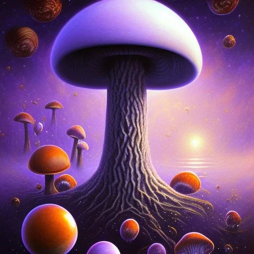 mushroom entity floating in a cosmic abyss, oil painting