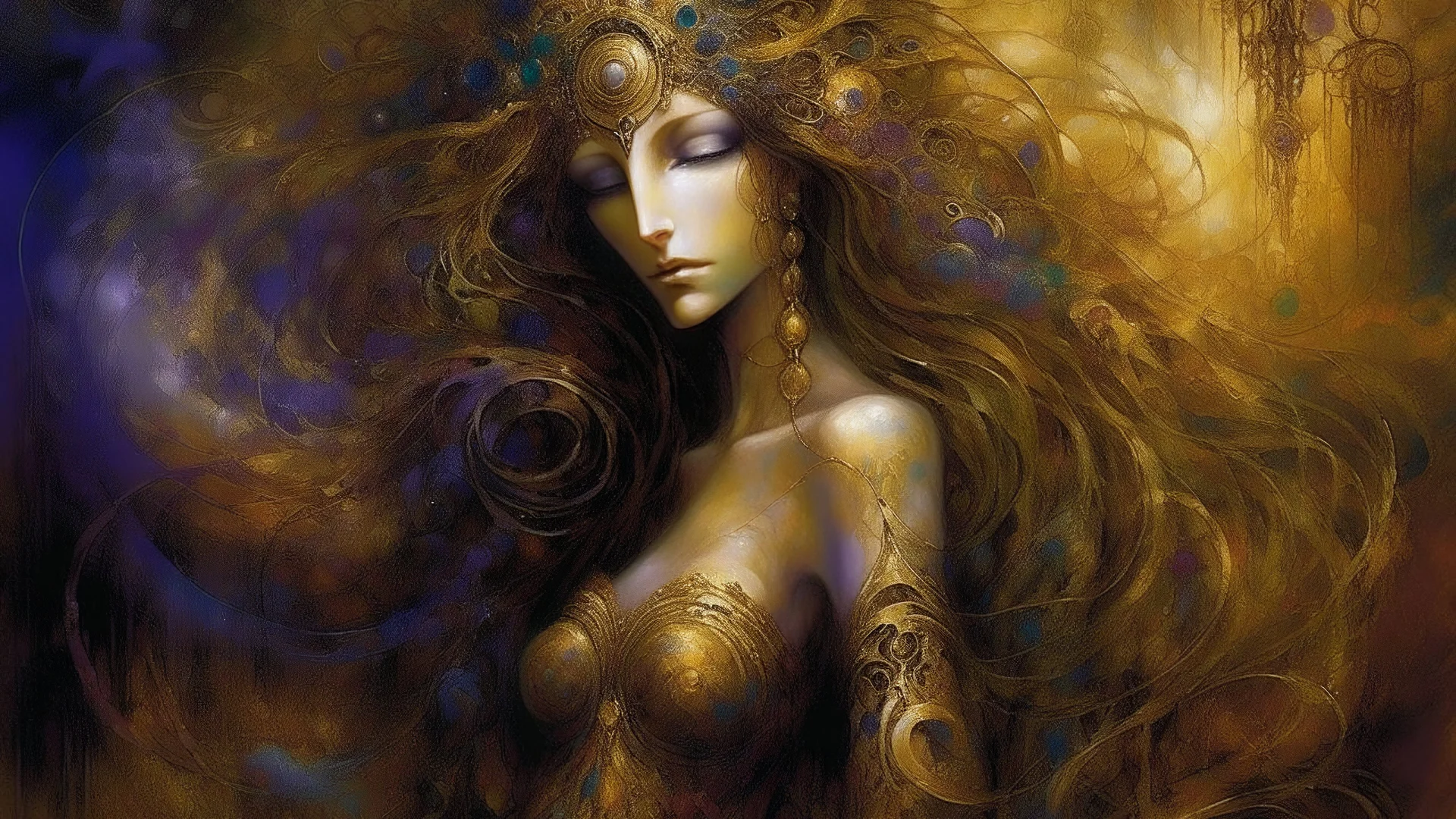 Intricately swirling patterns of opulent golds and deep purples adorn the figure of a mysterious woman, inspired by Gustave Moreau. This painting depicts a goddess-like muse with flowing locks and piercing eyes, set against a dreamy, otherworldly backdrop. The colors blend seamlessly, creating a captivating and mesmerizing effect. Every brushstroke is precise and masterful, showcasing the artist's exceptional skill.