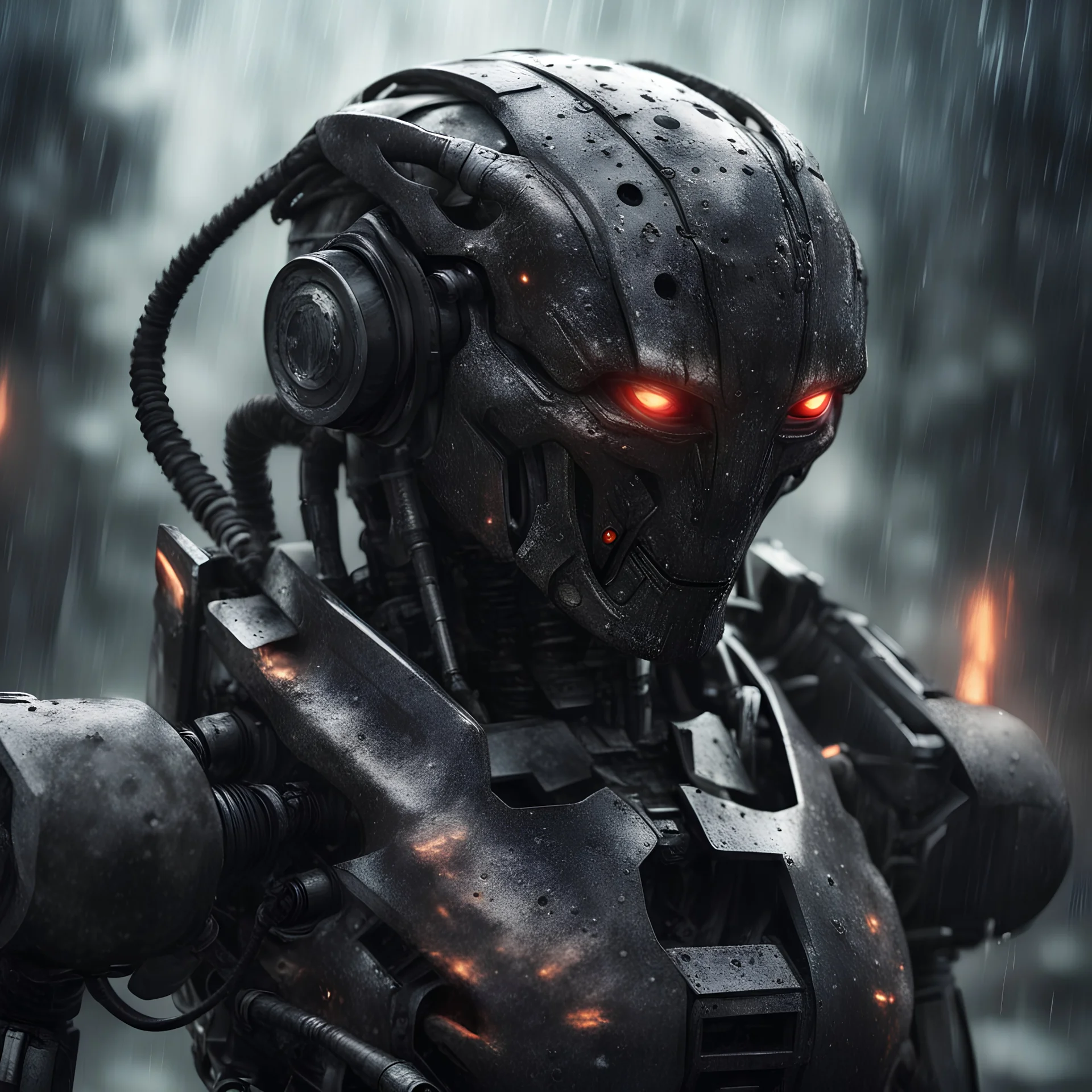 ominous rainy atmosphere. a close up portrait of a dark, evil combat robot holding a heavy plasma gun over its shoulder. photorealistic. the matrix meets the Borg, meets predator. armour plates. targeting components. it's approaching you from the shadows. it's battle damaged. some burn marks and scars. one eye is a laster targeting device. a round photoframe in similar style surrounds the portrait.