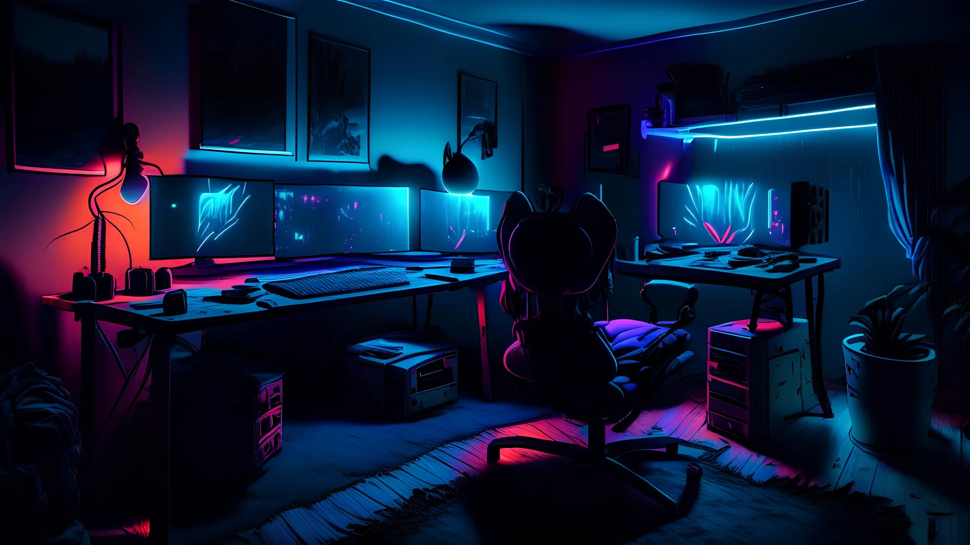 Dimly lit gaming room, with a single desk with a gaming PC, two monitors on the desk, gaming chair, bed in the background, the room is filled with neonlights, night time, atmospheric, detailed.