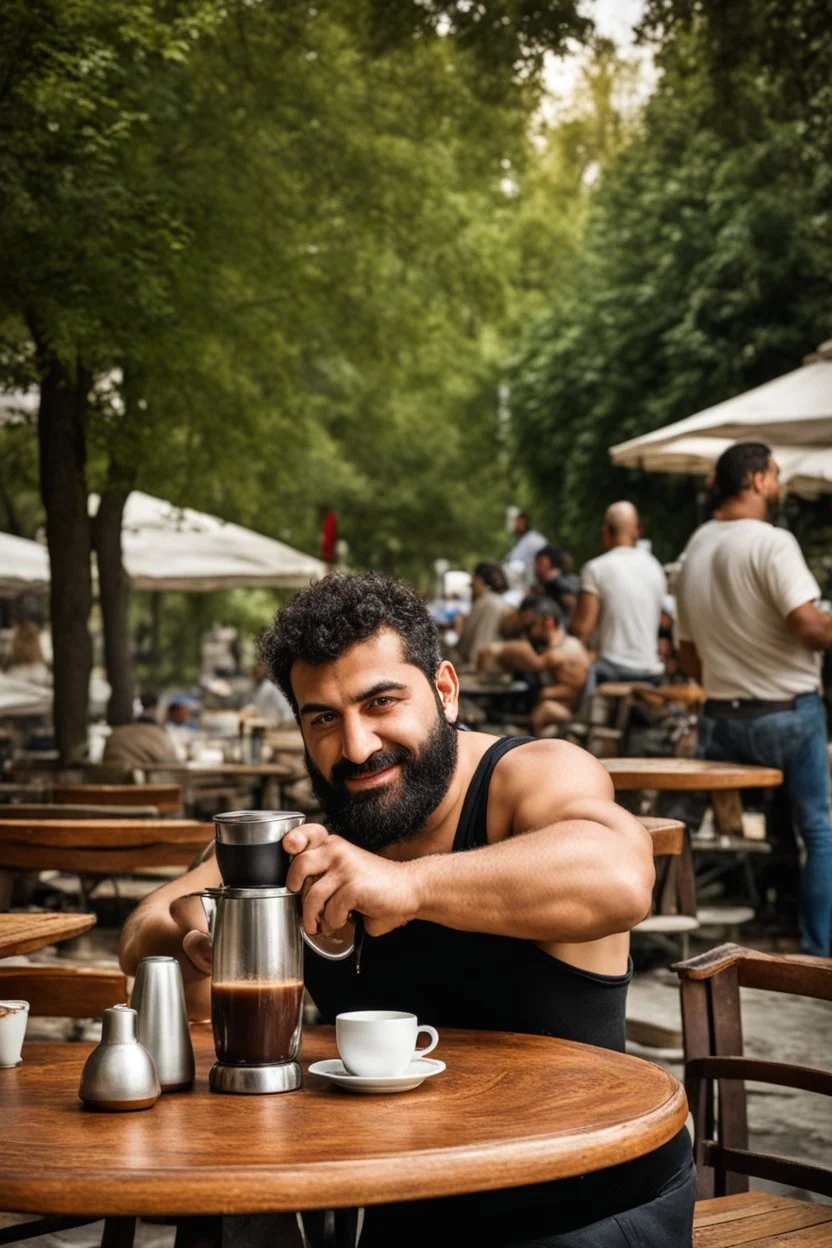 half figure photography of an ugly turkish barman servicing one coffee at the table, big chubby shirtless short beard short hair, mainly chest very hairy 25 years old man, in a public park of Istambul , sunny day, sweat, wet, big shoulders, angry eyes, photorealistic