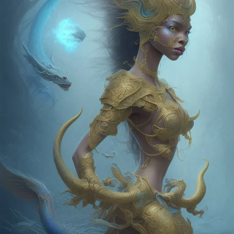 sango fantasy, fantasy magic, intricate, sharp focus, illustration, highly detailed, digital painting, concept art, matte, artgerm and paul lewin and kehinde wiley, masterpiece sexy lips Asian afro lips black African lady body mermaid blue Dragon head golden space lady sea under water mermaid pretty skull