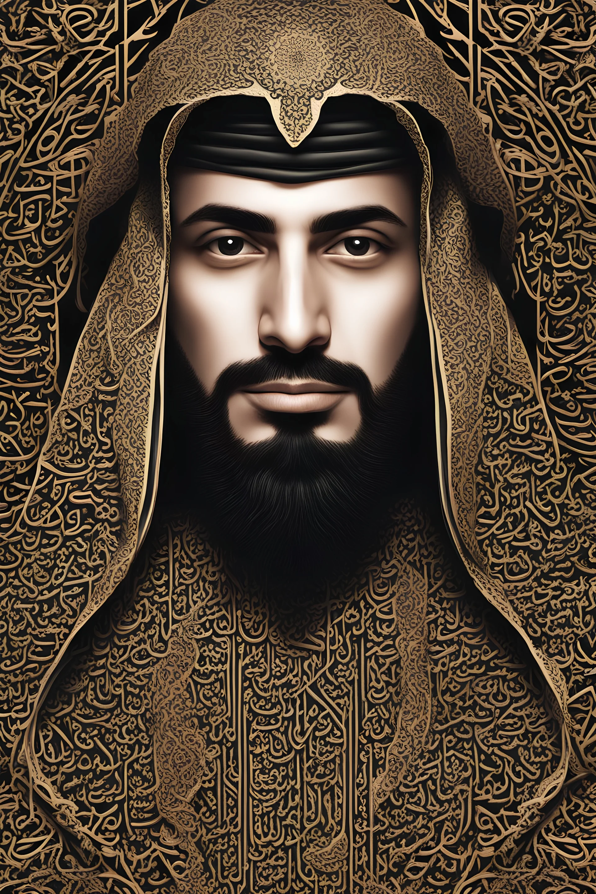 This stunning digital artwork presents a close-up of the face of a distinctive Saudi man, with each feature creatively transformed into complex Arabic calligraphy. The delicate strokes and curves of the line elegantly adorn his facial features, paying tribute to the rich Arab heritage. The calligraphy style used is inspired by authentic Arabic calligraphy, adding a touch of modernity to the traditional art form.As we delve deeper into the details of this dual space, we encounter glimpses of tr