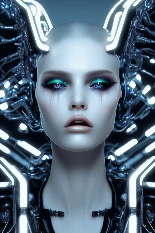 cyberpunk, black latex body, women, body portrai, big boobs, highlight eyes perfect, skin, tron, cyborg, perfekt sexy, real, dream, hr giger