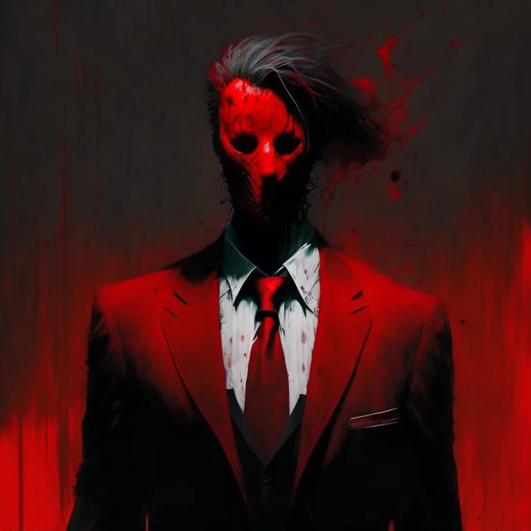 a sinister figure wearing a red suit with a red tie with no face and dirty hair