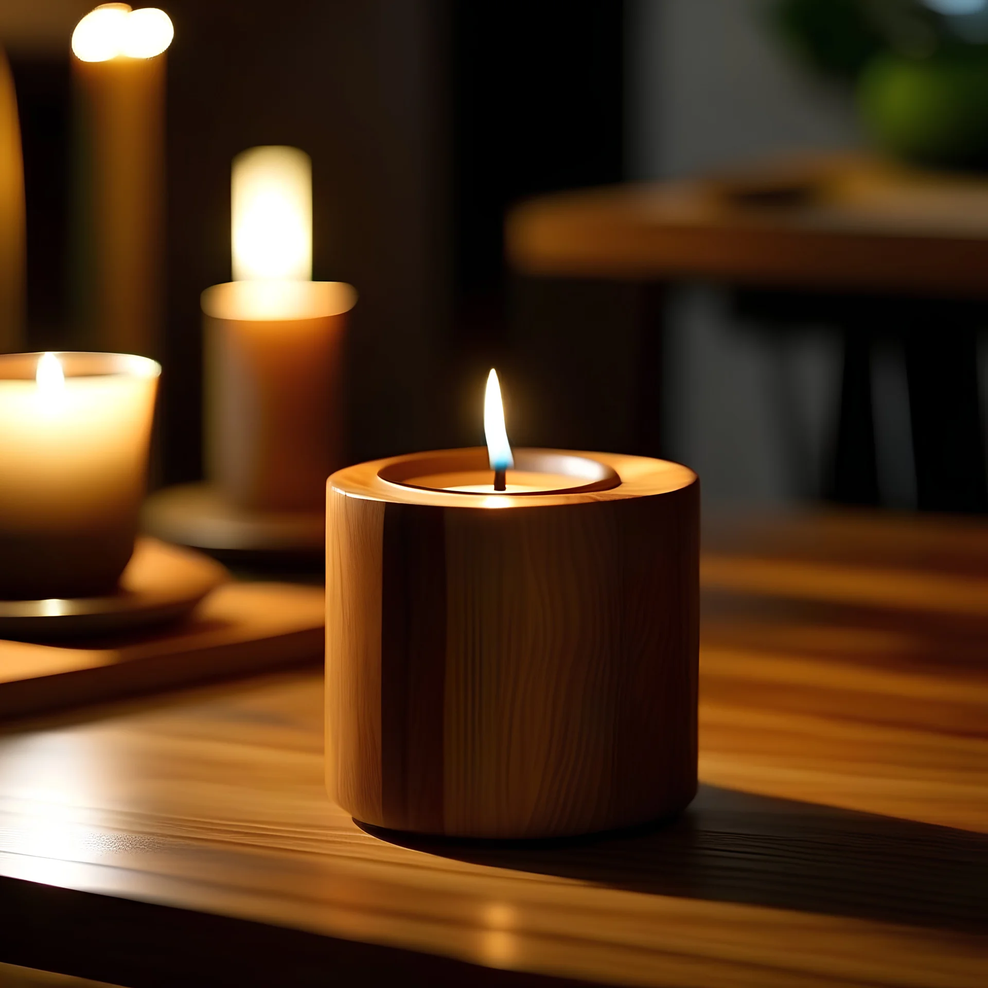 a wooden candle jar on a table, with lit candle