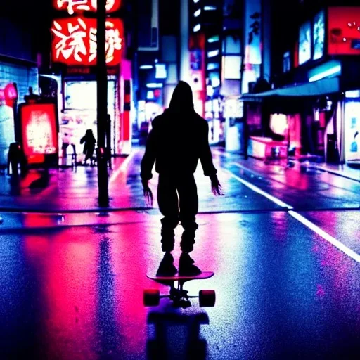 photo of a ninja riding a skateboard; in an alternate universe in tokyo; cyberpunk; realistic; rain; neon signs