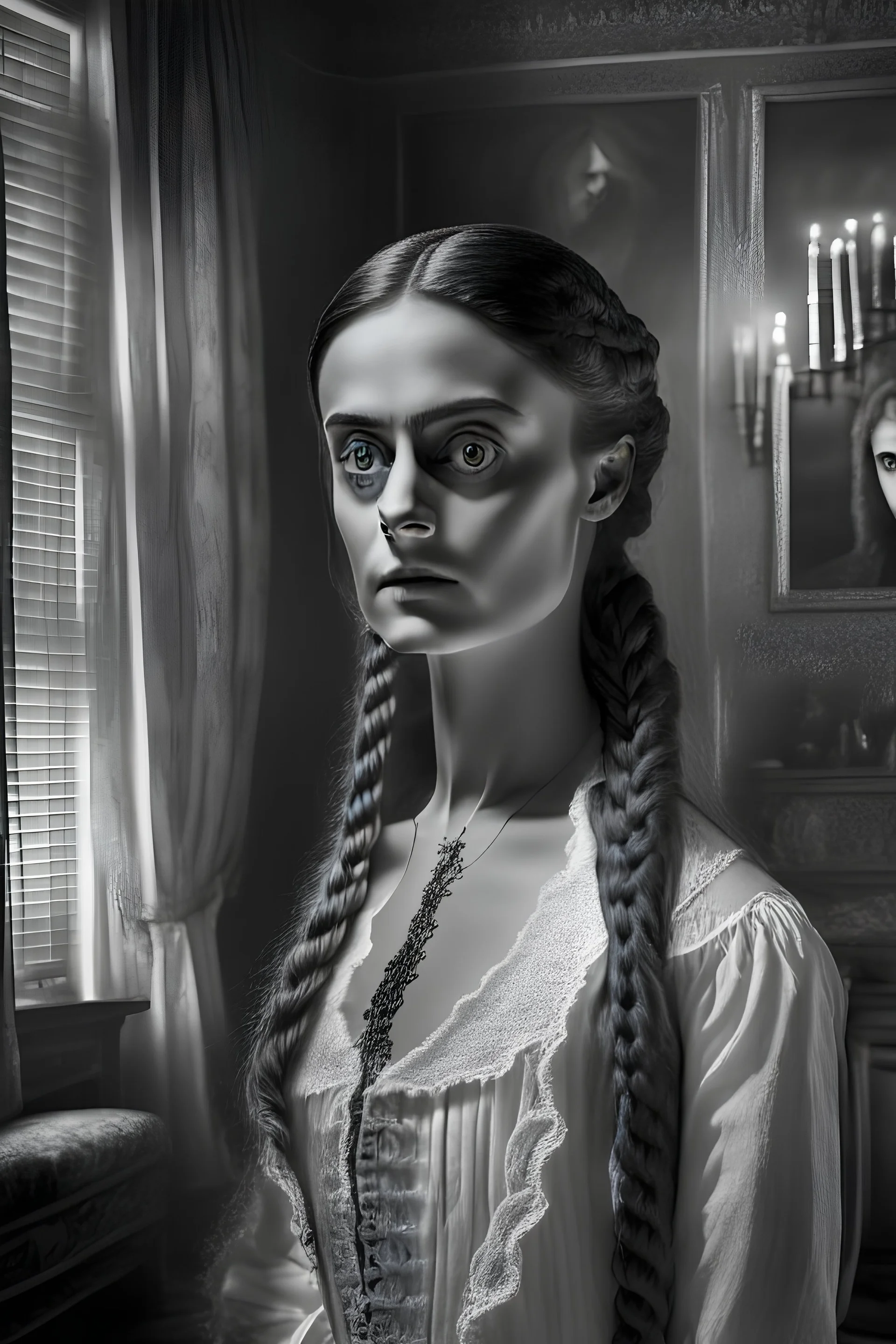 “Victorian living room ghost and young woman, black and white, volumetric lighting, ultradetailed face, realistic portrait, gorgeous face, long braided hair, realistic photograph, by caravaggiom award winning photo, very sharp, full body, ultradetailed, beautiful light, beautiful eyes”