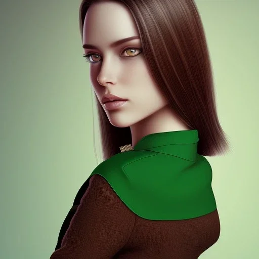 Woman with crook, back view, black trousers, green shirt, render background, brown hair