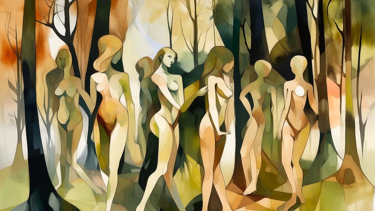 Tema: Desnudo integrado en la naturaleza a través de planos geométricos → Disciplina: Acuarela y fotografía de paisaje → Estética: Postimpresionismo constructivo y primitivo → Lenguaje visual: Planos de color y pinceladas en paralelo que construyen volumen sin línea → Composición: Grupo de figuras desnudas en una arboleda, fusionadas con el paisaje mediante formas cilíndricas, con una figura principal en primer plano → Iluminación: Luz de mediodía, clara y uniforme, que aplana las formas ligeram