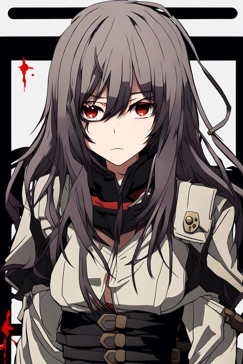 medium dark hair, war clothes, face with a cut in the eye, anime style