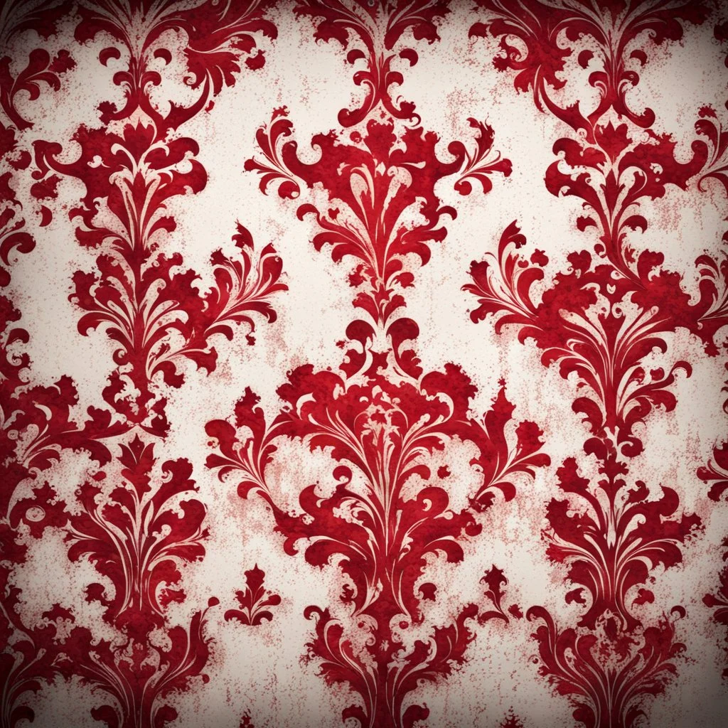 Hyper Realistic Grungy Red Damask Texture on Rustic White Wall with peeling & vignette effect