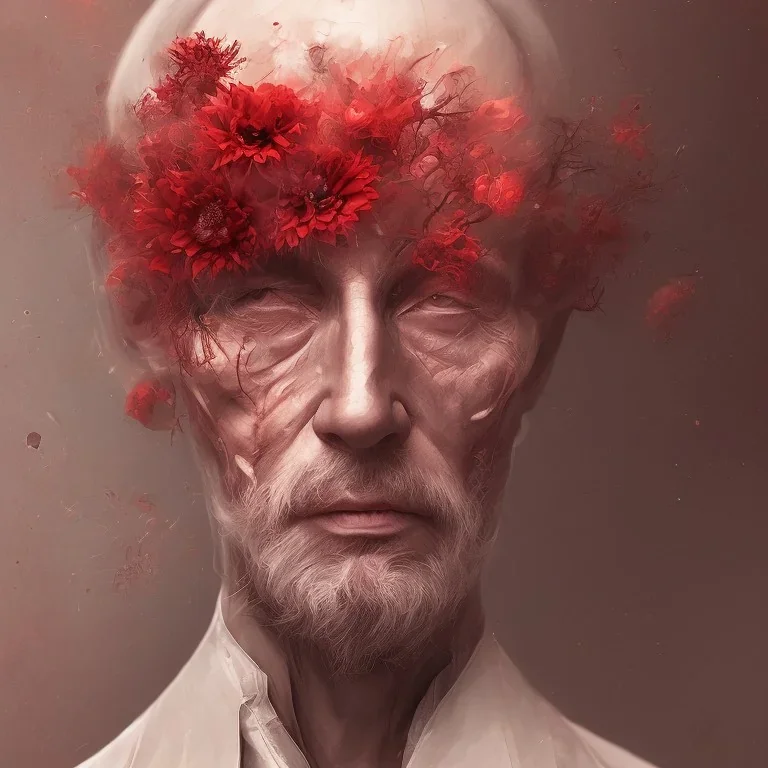 Extremely detailed portrait of man with a fading head into oblivion with red flower accents, digital painting.