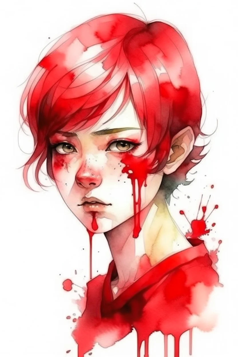 Watercolor red antagonic haircut girl