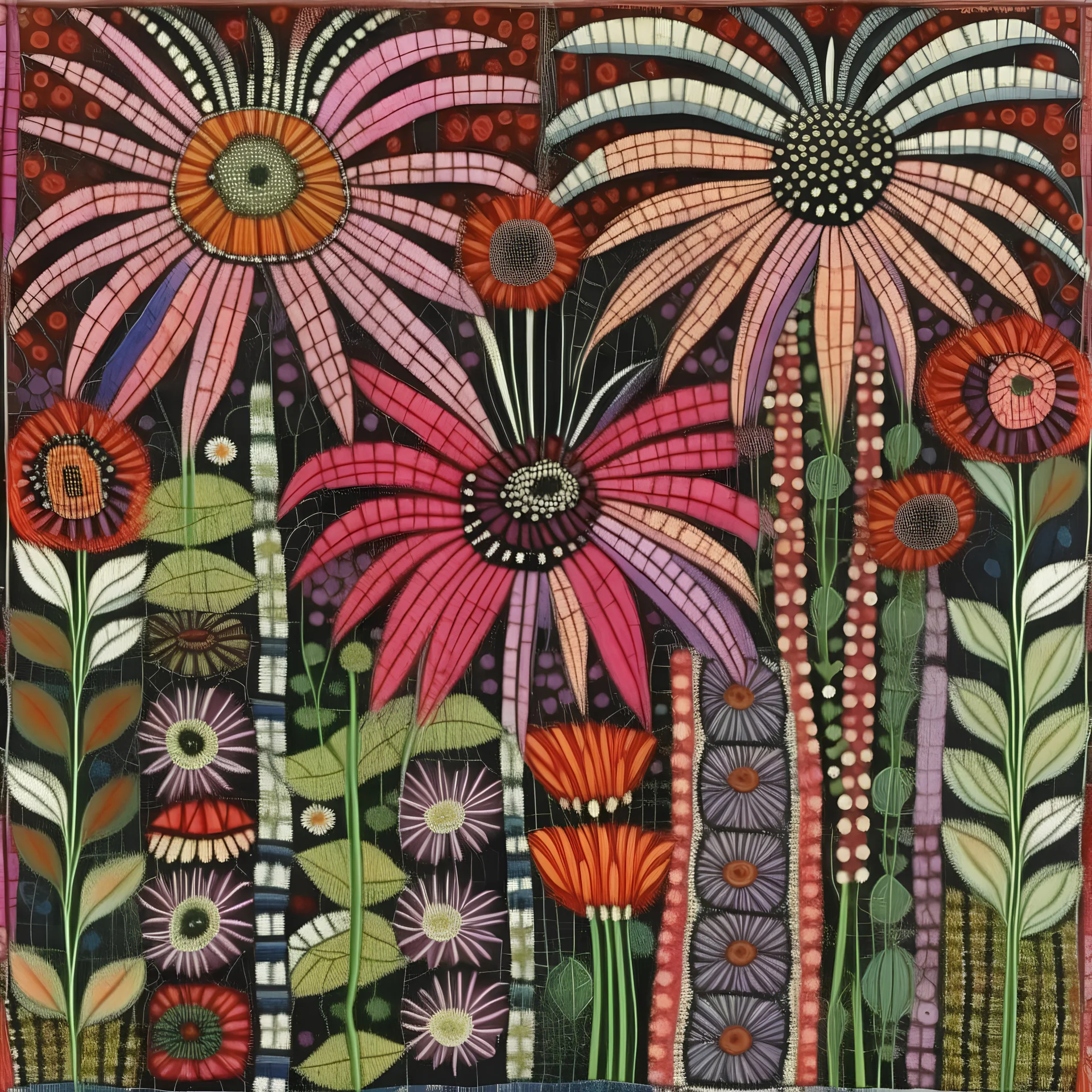 art brut, folk art, naive art, tapestry, mysterious echinacea flowers, mixed media, alternative art