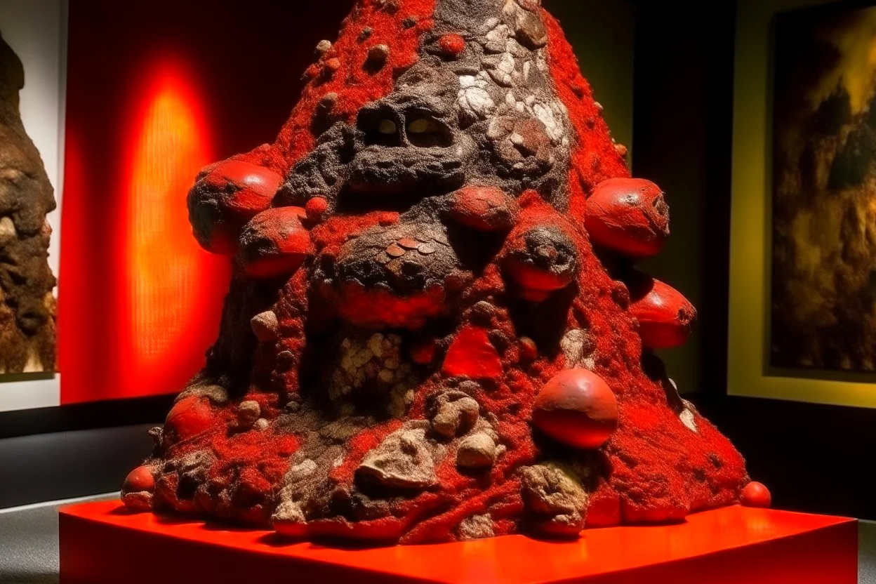 A red volcano with brimstone crystals designed in African masks painted by Jean Dubuffet