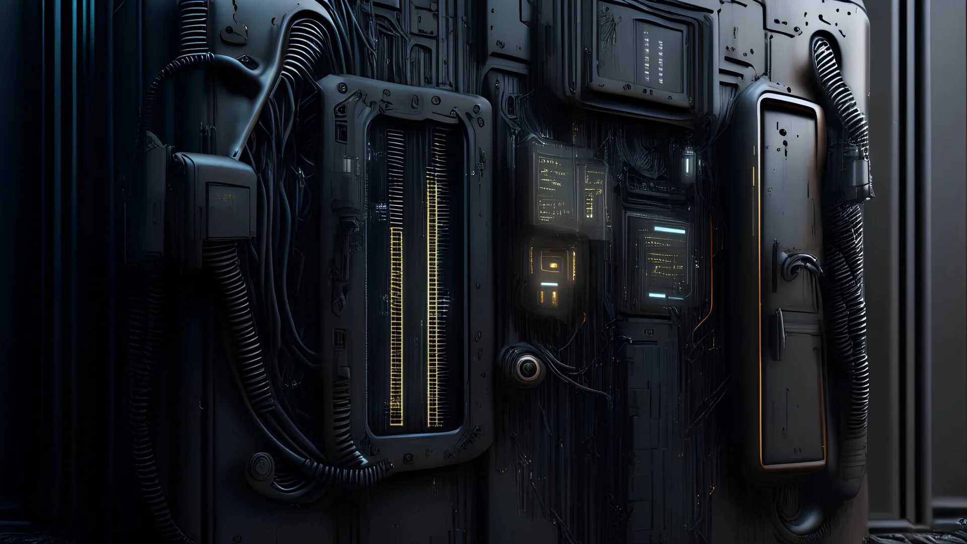 Futuristic black gadget door made with engine parts and wires dysoptia cyberage HAWKEN postapocalyptic dysoptia scene photorealistic uhd 8k VRAY highly detailed HDR