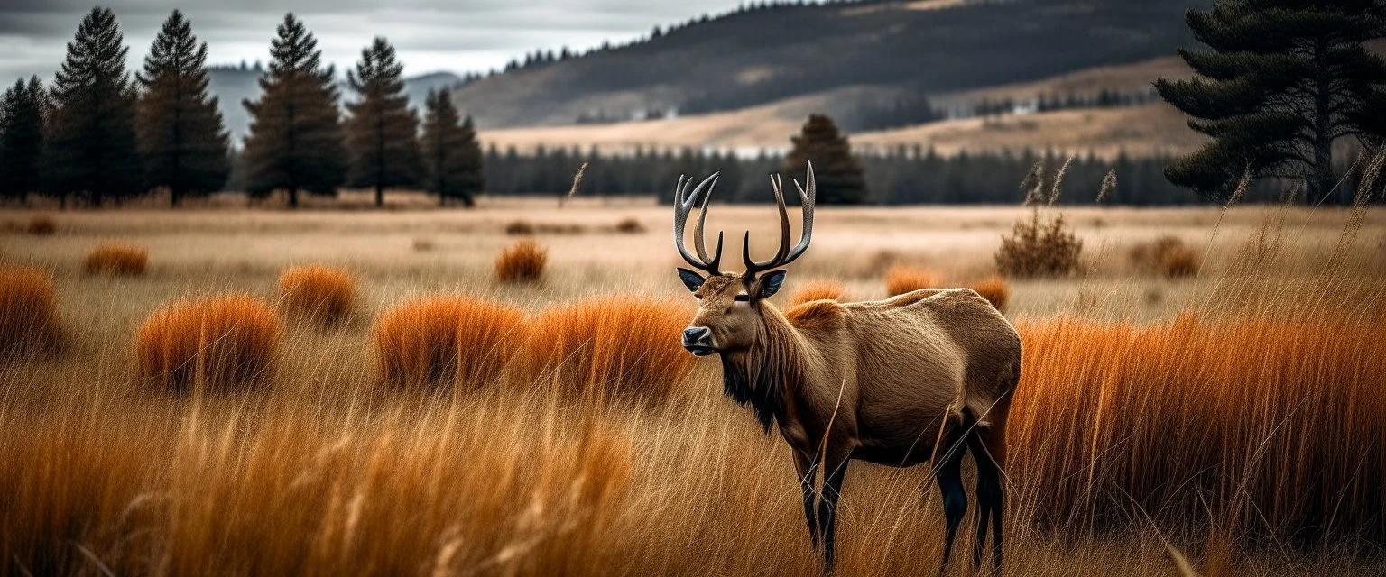 an Elk in a prairie field, wild grasses and bushes in corners of foreground, award winning wildlife photography