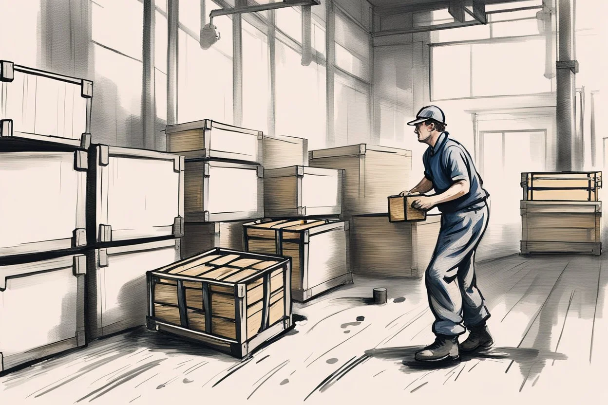 a swedish industry worker from sweden, very strong pushing a wooden crates and IBC along the floor in a factory, very basic sketch painting like the image i uploaded