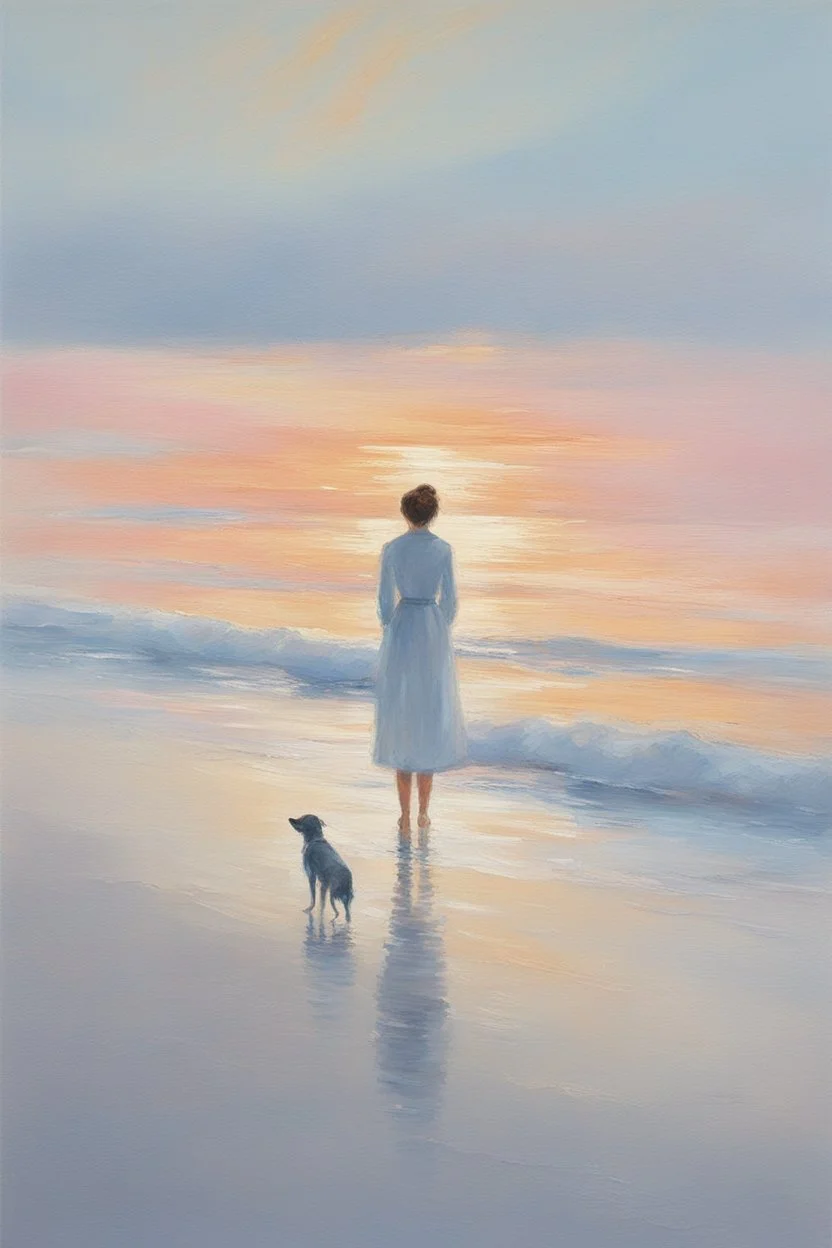 Craft an impressionistic painting of a solitary figure standing at the edge of a calm sea, with a dog by their side. The scene is set at sunrise, with the sky and sea awash in a brilliant array of colors—soft blues, gentle golds, and subtle pinks, all reflecting off the water's surface. The brushstrokes are visible and textured, giving the painting a dreamy, vibrant quality. The figure and the dog cast long reflections on the water, creating a harmonious connection between them and the surroundi