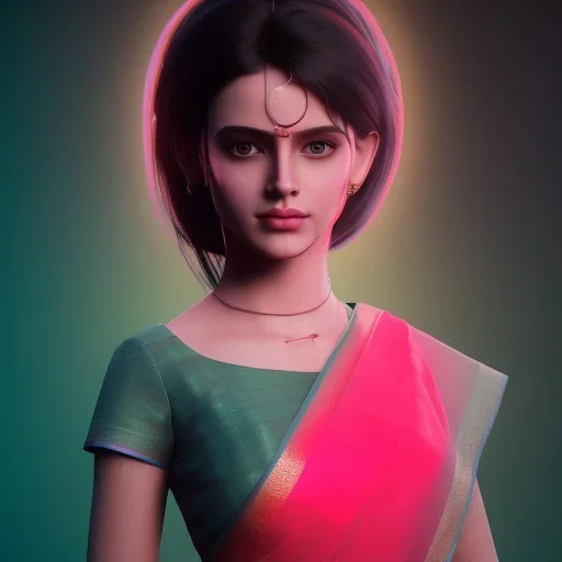 full body photo of a girl in saree in dark room with neon light ,hyperrealistic,detailed,8k,cinematic