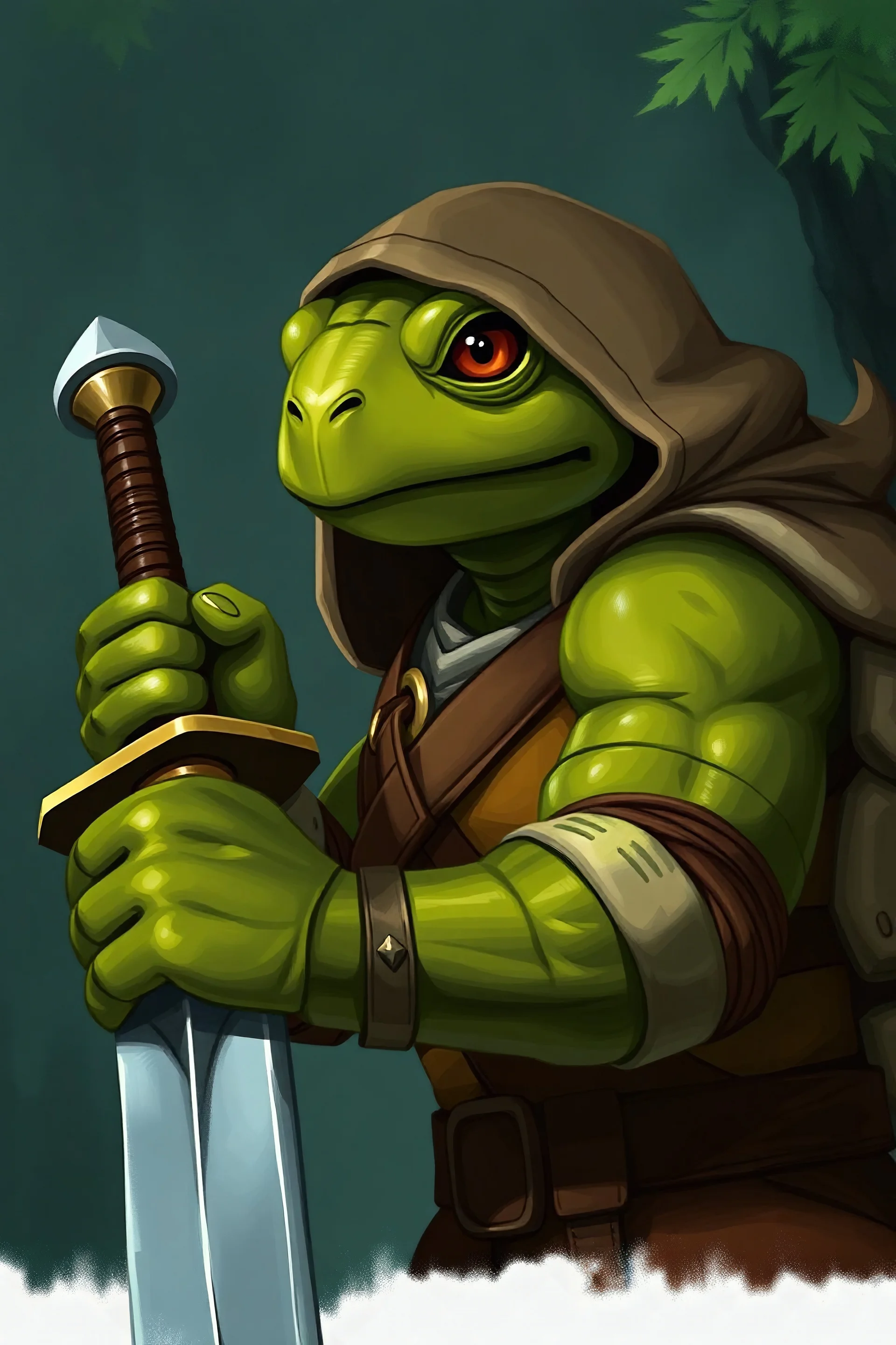 Generate a portrait of a male tortle. He is a ranger. He wields a great sword. His skin is green. He wears hooded armor. His eye color is brown. He looks wise. He is from the forest.