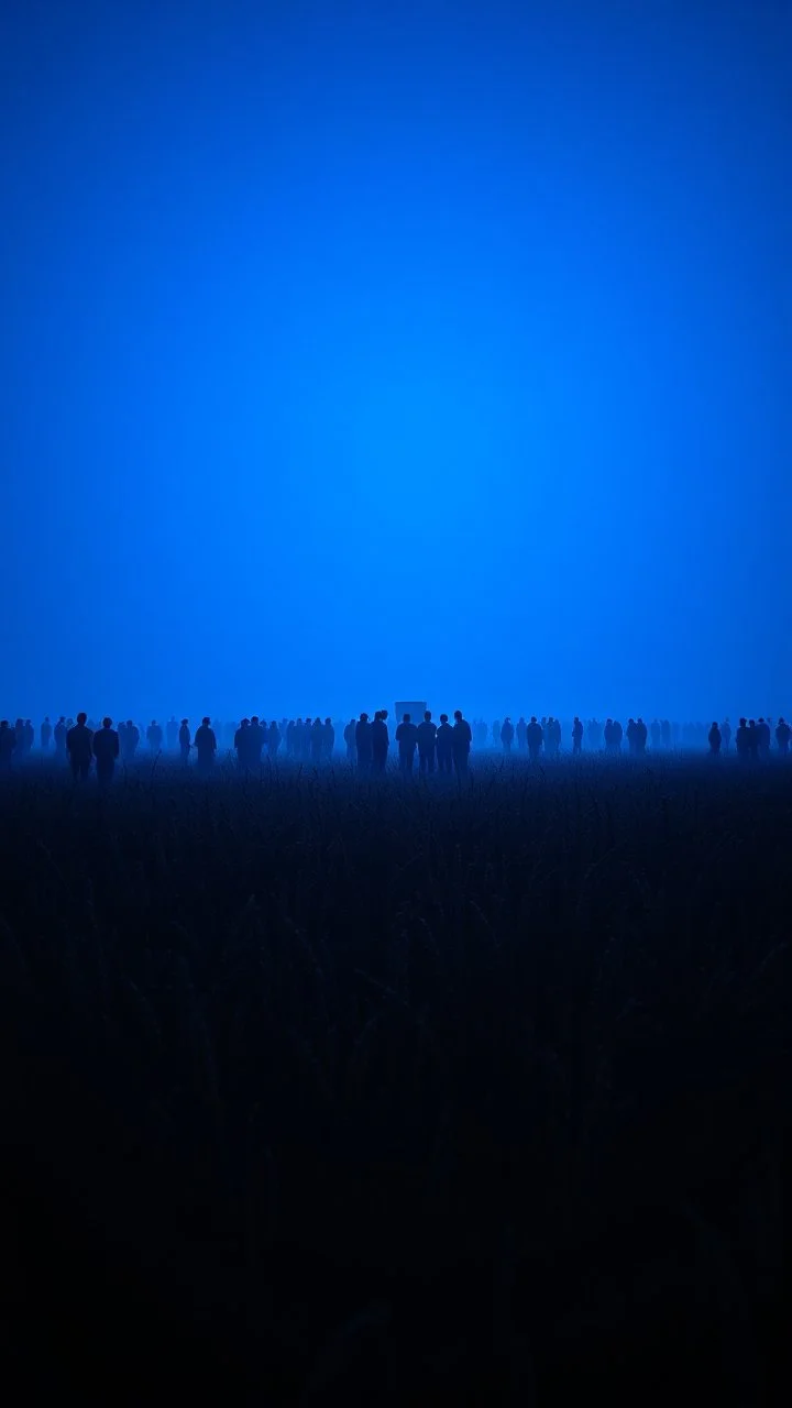 A field of random people at the end of the picture a blue dark background an object in a cinematic, 8k