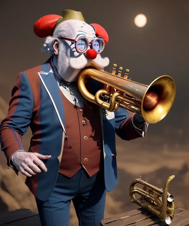 mechanoid old friendly fat clown with trimmed beard playing jazz with a steampunk theme, trumpet, realistic