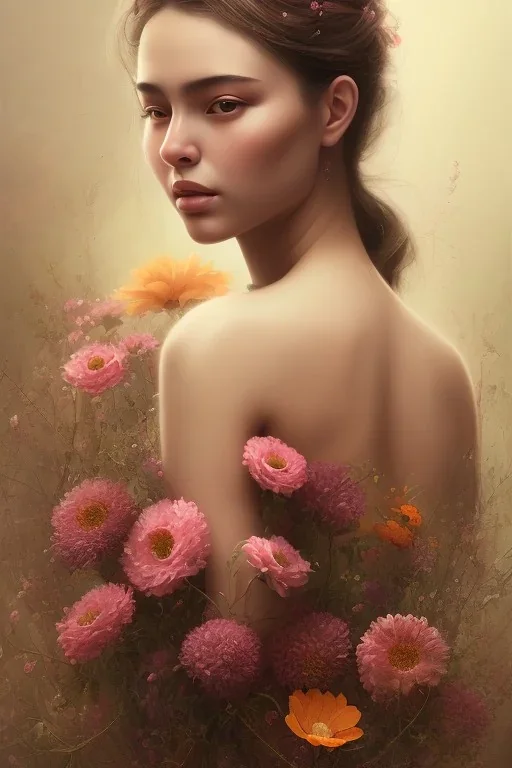 painting of flowers and beautiful girl portrait, scaffolding, decay, mixed media, textured, anatomically correct, beautiful perfect face, sharp focus, highly detailed