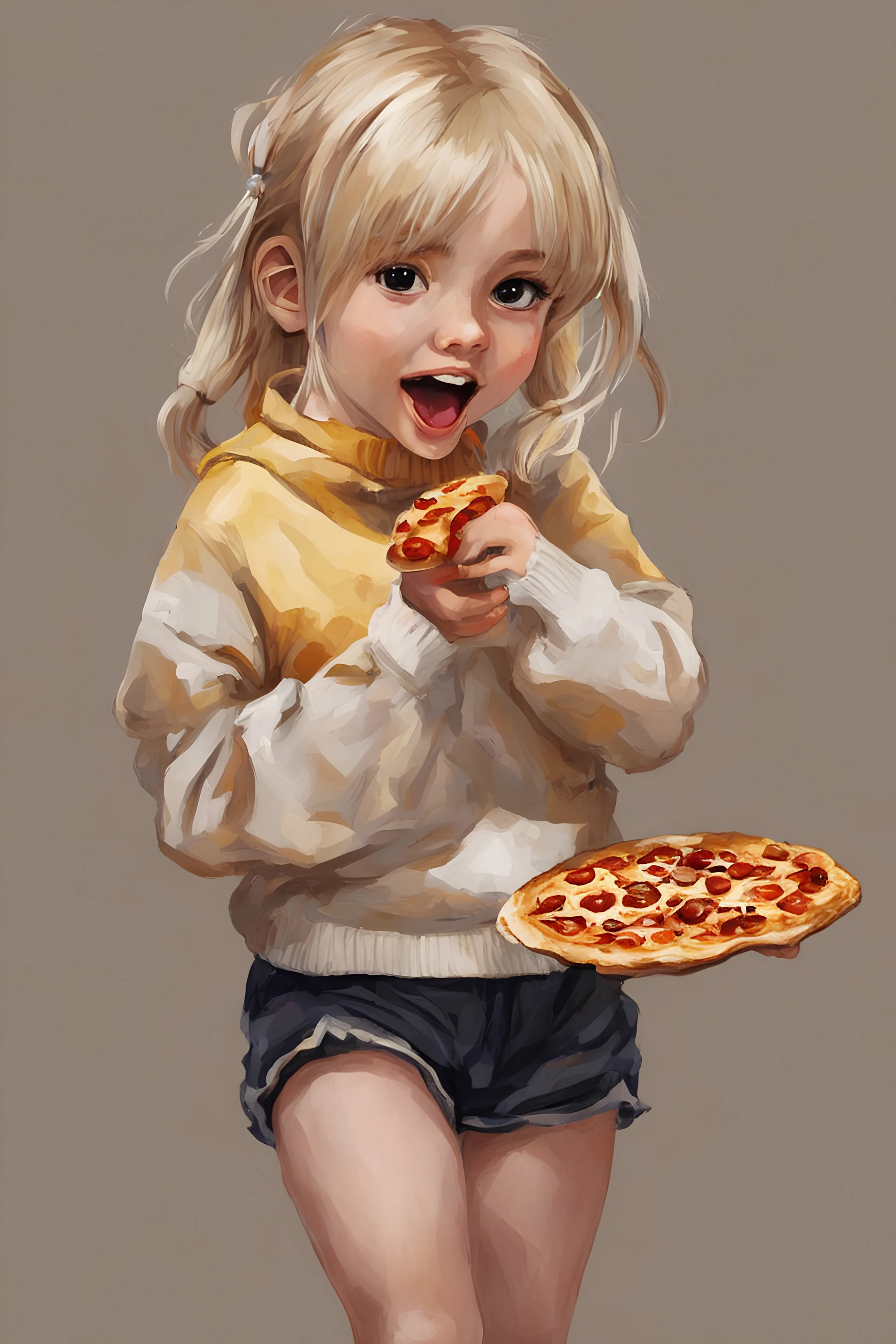 full color anime - a tiny little blonde girl in shorts and a turtleneck sweater eating a slice of pizza - digital art by Caravaggio