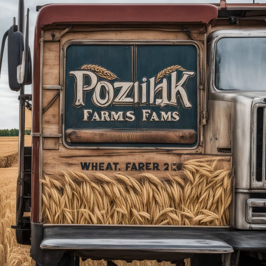 Side Door of a truck with a logo for a wheat farm that features a tractor and wheat with text: "Pozniak Farms"