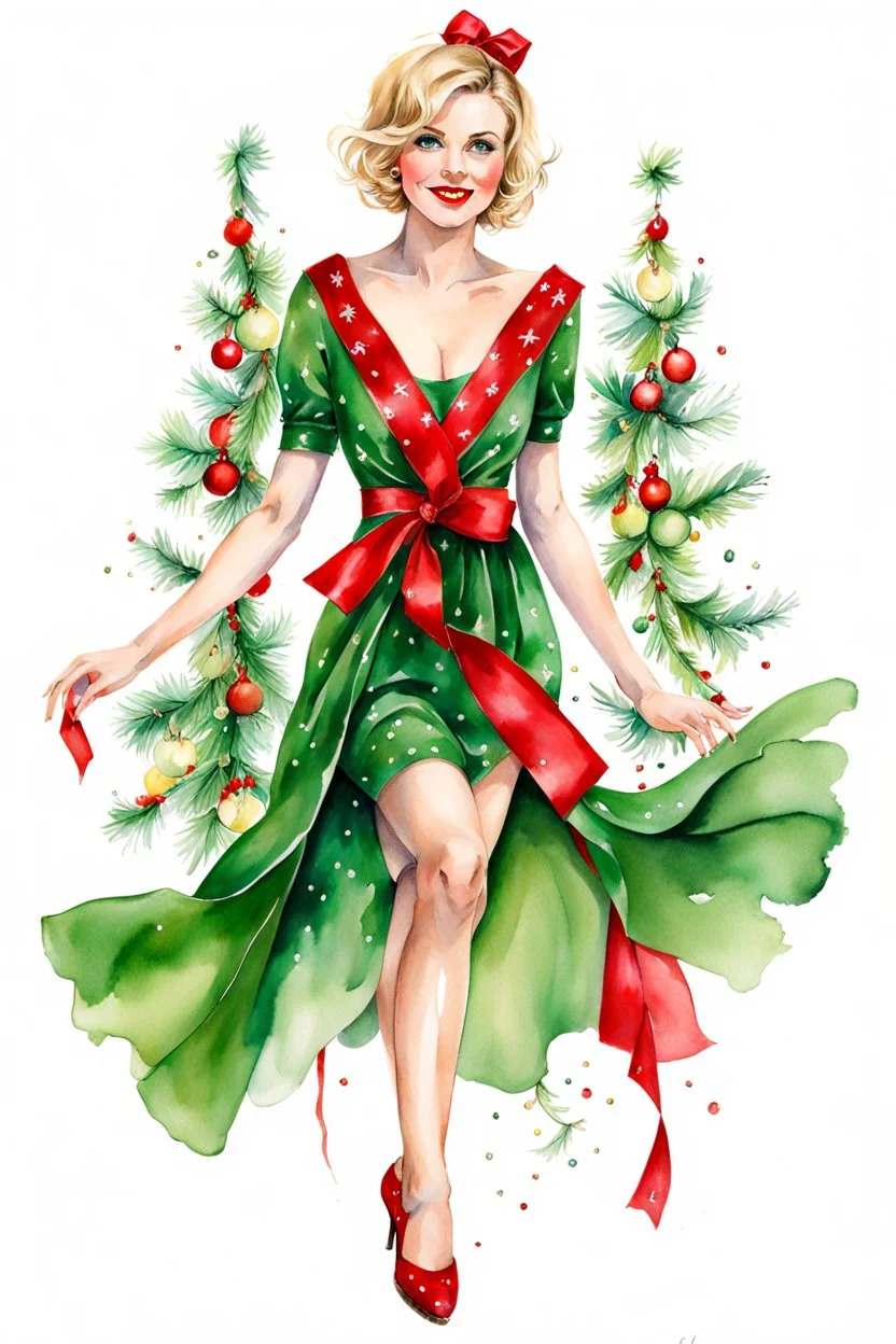 realistic full body watercolor painting of a beautiful young short blonde hair woman, happy green eyes, red lips, her dressed in a green silk dress that reaches to the knee with red accents, she wears a red and green silk ribbon, her neck adorned with a short red ribbon, she is wrapped in a garland of bright lights that surrounds her body with the typical colors of Christmas, full body, in her hand a gif, digital art